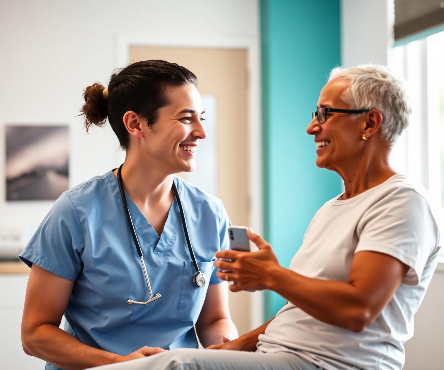 A friendly Charlotte healthcare provider speaking with a patient about back pain options